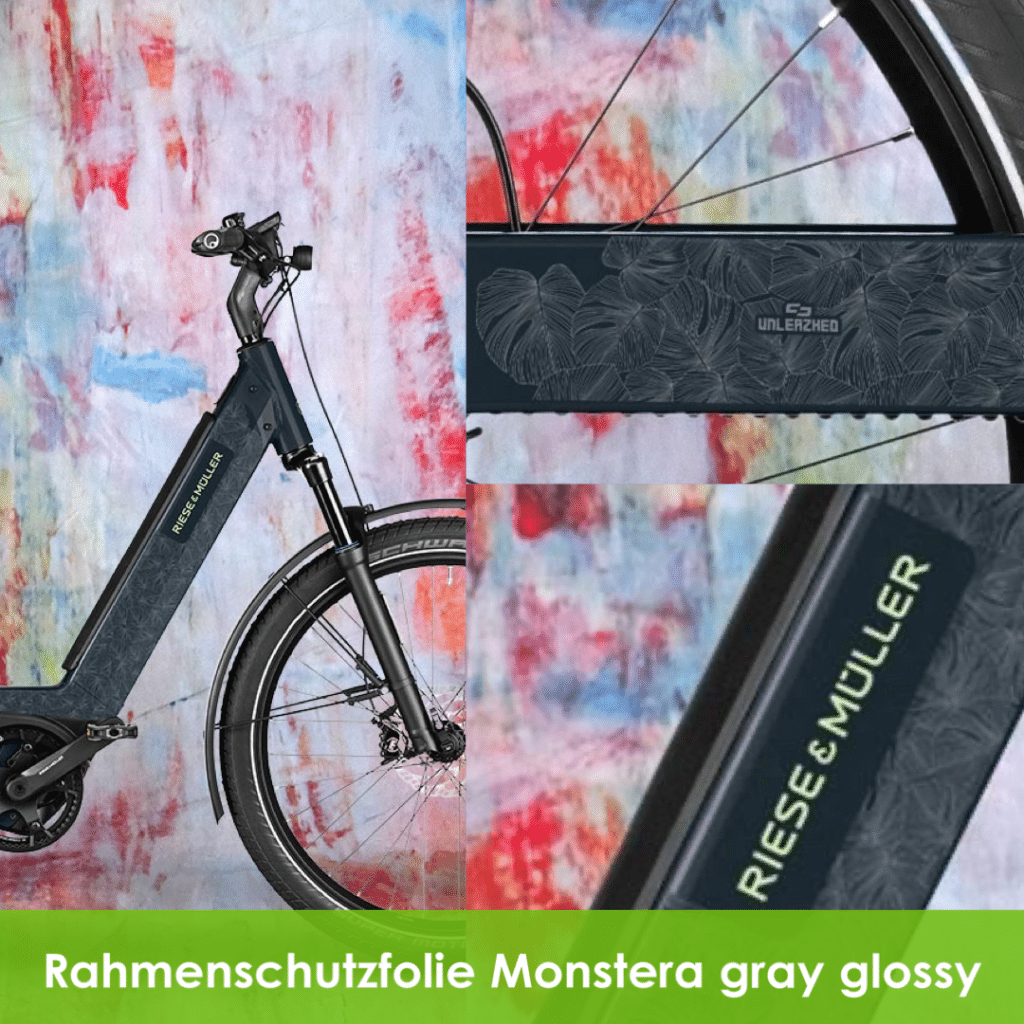 3 kleine Bilder als Darstellung der Rahmenschutzfolie Monstera gray glossy